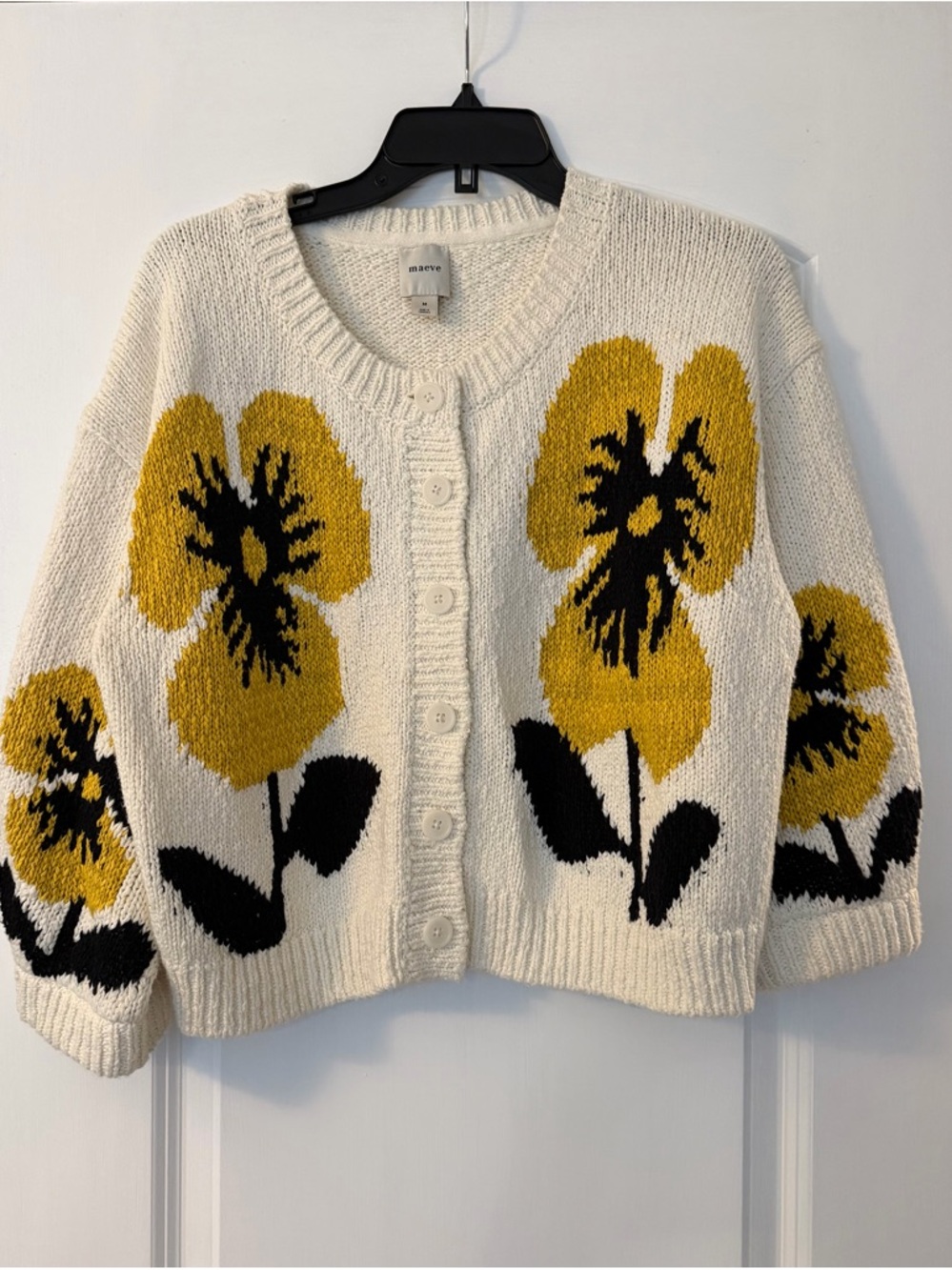 Maeve Cream Cardigan with Yellow & Black Floral Motif